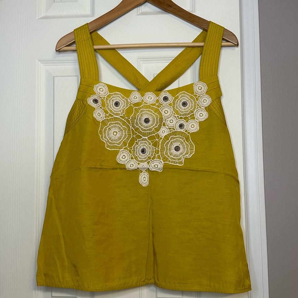 Floreat Anthropologie chartreuse cross-back tank blouse with lace overlay